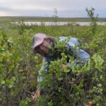 Katerina stands in some shrubs wearing a mesh bug net on her head